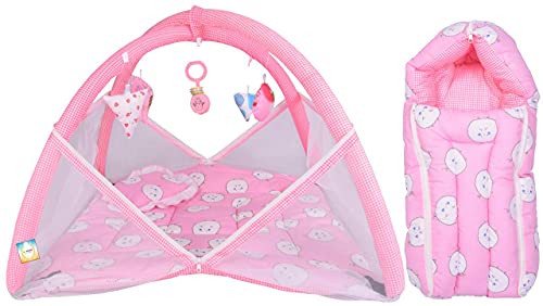 Image of Kwitchy Baby Bedding Set New Born Baby Bed | Mattress | Mosquito Net | Play Gym | Sleeping Bags | Playmats | Cotton | Infants | Gift Combo | Bed with Hanging Toys (0-6 Months) Pink