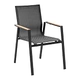 METRO Professional Silla de Jardín con Reposabrazos en Madera, Aluminio/Tejido Sintético, Apilable, para Exterior, Negro