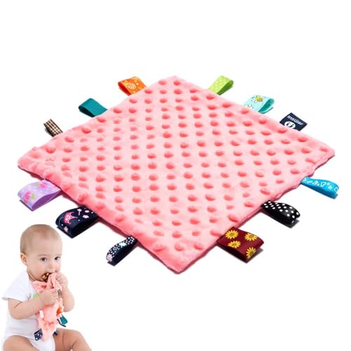 Image of Baby Tags Security Blankets - Baby Soothing Plush Blanket with Colorful Tags, 10"x10" Square Sensory Toys, Lovey for 3 Months+ Babies Boys and Girls (Pink)