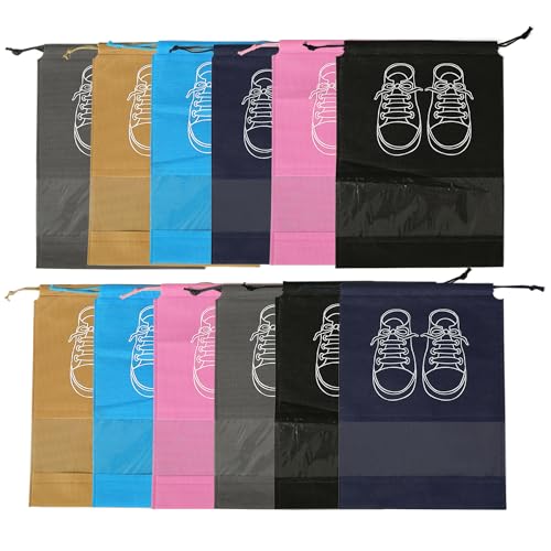 Dantolo 12 Piezas No Tejida Bolsa Zapatos,Portátil Prueba de Humedad Almacenamiento Bolsa para Viajes Hogar con Cordón Portátil con Ventana Transparent 44x32cm (Colorido)