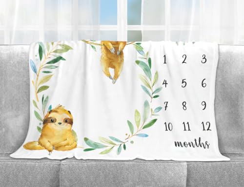 Image of Yuzioey Sloth Milestone Blanket, Safari Baby Growth Chart Monthly Blanket, Watch Me Grow Sloth Baby Nursery for New Moms Shower(50 inchx40 inch)