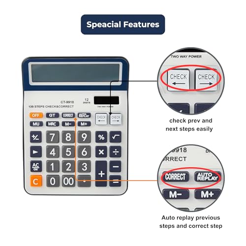 Image of 12-Digit Desktop Calculator with 120 Steps Check & Correct | Large LCD Display, Big Buttons, Dual Solar & Battery Power | Durable Business Office Calculator for Home, School (White)