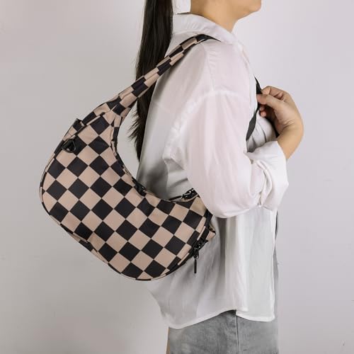 Lushandy Checkered Cescent Bag, Nylon Crescent Shoulder Bag Small Checkered Tote Purse Luna Bag Lightweight Hobo Handbag2