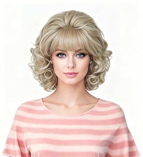 Rugelyss Vintage Short Beehive Wig with Bangs Curly Wavy Heat Resistant Synthetic Sandy Mixed Blonde Hair Wigs for Women fits 70s 80s Costume or Halloween and Party