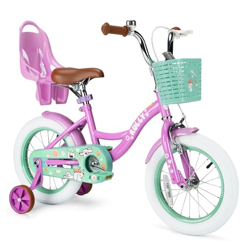 Image of RULLY 12 14 16 Inch Girls Bike with Doll Seat Basket and Training Wheels for 2-6 Years Children