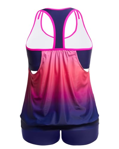 Image of Womens Plus Size Tankini Swimsuit Two Piece Tummy Control Bathing Suit | Blouson Racerback Tankini Top with Shorts, Double Up Design, Removable Pad