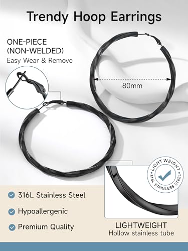 Image of Stainless Steel Chunky Hoop Earrings For Women, Minimalist and Chic, Black /Gold Plated, Round Hoops Earrings Hypoallergenic, Size: 30mm /40mm /60mm /80mm, Come with Box