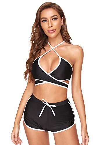 GORGLITTER Conjunto de bikini de 3 piezas para mujer, con cuello corto, traje de baño con cuello en V, traje de baño, Negro , M Cover