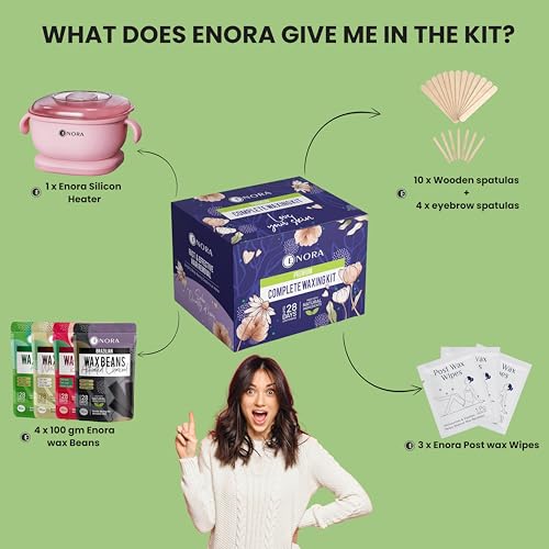 Image of ENORA Premium Waxing Kit for Women - Silicone Wax Warmer for Hair Removal, Eyebrow, Bikini, Legs, Face, Brazilian Wax & More - Machine + 4-Pack Hard Wax Beads (100 g)+ Accessories, Pink (100 Gram, SILICONE-COMBO(100GRAM))