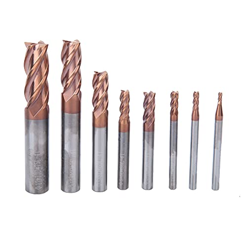 End Mill, 8 Pcs Milling Machine Tools Tungsten Steel End Mill Bronze Composited Nano-Coated 4 Flutes 55HRC Milling Cutter Milling Bits for Processing Stainless Steel