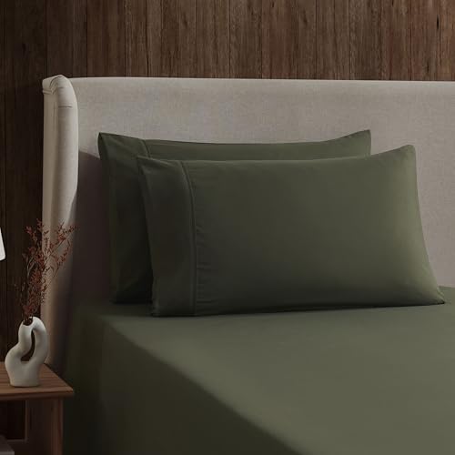 Image of Nestl Split King Bed Sheet Set - Olive Green - 5-Piece Deep Pocket | Instantly Soft, Night-One Ready (No Wash Required). Fits 16-Inch Deep Pockets, 360-Degree Elastic Grip