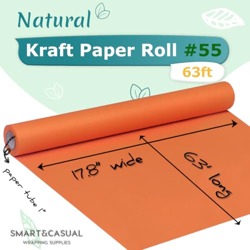 Image of SMART&CASUAL 17.8 inch x 760 inch (63') OrangeRed Kraft Craft Paper Roll for Gift Wrapping Bulletin Board Bouquet Flower Art Packing Parcel Table Covering 80GSM 55LB (OrangeRed, 17.8 inch x 63')