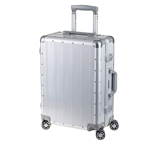 ALUMAXX 45174 Reisetrolley Auriga, Reisekoffer mit beidseitiger Packmöglichkeit, Rollkoffer aus Aluminium mit TSA Schloss, Trolley mit 4 Doppel-Leichtlaufrollen 360°, Koffer Silber ca. 65 x 40 x 24 cm