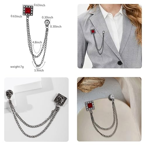 Image of Gold /Silver Crystal Geometry Brooch Lapel Pin for Men Rhinestone With Hanging Chain Brooch for Men Suit Fashion Tuxedo Tie Hat Scarf Collar Pins for Men Women Gifts