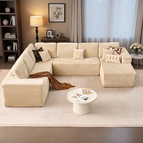 Image of HOOOWOOO Cloud Sectional Couches for Living Room,Modular Sectional Sofa No Assembly,133X108 Inch Plush Corduroy Large U Shaped Floor Couch Set with Deep Seat Right Chaise(Beige)