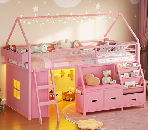 ADORNEVE Low Loft Bed Twin Size with Bookshelf, Reading Nook, LED Kids Loft Bed with 3 Drawers, Under-Bed Play Space, House Loft Beds with Safety Guardrail, Inclined Ladde & Play Curtain, Pink