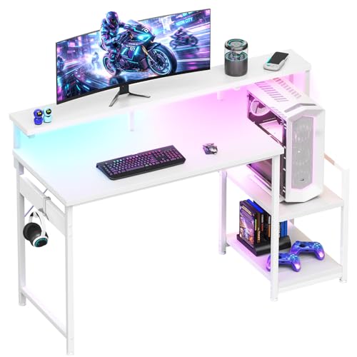 Image of AODK 48 Inch Gaming Desk with LED Lights, Computer Desk with Storage Shelves, Reversible Desk with Monitor Stand, White