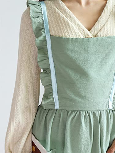 Girls Women Pleated Cotton X Back Long Aprons Home Kitchen Garden Art Pinafore Florist Shop Overalls (Green, 35Wx 42L) #TOP5