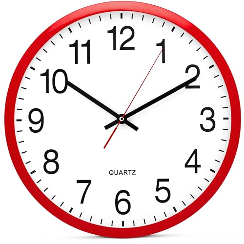 Image of Bernhard Products Red Wall Clock, Silent Non Ticking - 16 Inch Extra Large Quality Quartz Battery Operated Round Easy to Read Home /Office /Business /Kitchen /Classroom /School Clocks