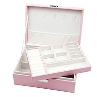 Homeanda Jewellery Box with Lock, 2-Layer Leather Jewellery Organizer boxes for Women Girls Teens, Large Jewellery Storage Box for Necklaces, Bracelets, Rings, Earrings -Pink