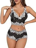 Lilosy Sexy Lace Pajamas Lingerie Set High Waist Sheer Sleepwear Bow Ties Cami Shorts Bra and Panty Women 2 Piece See Through Nightwear Floral Black 3# Medium