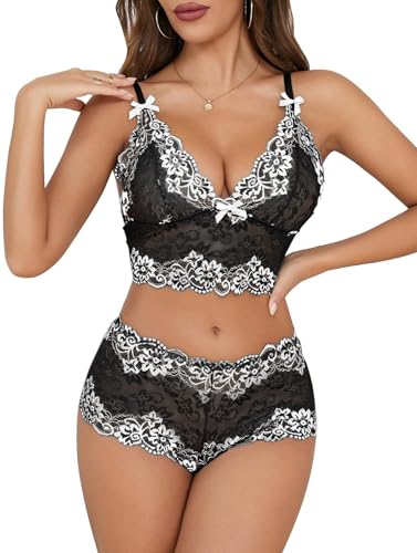 Lilosy Sexy Lace Pajamas Lingerie Set High Waist Sheer Sleepwear Bow Ties Cami Shorts Bra and Panty Women 2 Piece See Through Nightwear Floral Black 3# Medium