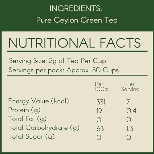 Image of Ceylon Green Tea 100g (50 Cups) - Direct from Sri Lanka, Loose Leaf, Single Garden, High Grown, Antioxidant Rich, Delicately Smooth, Best for Weight Loss & Heart Health | SVAMINGO