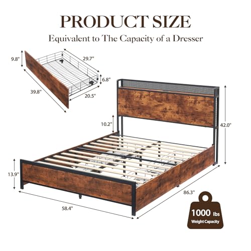Image of Garvee Queen Bed Frame with Storage Wood Headboard, Metal Platform Bed with 4 Storage Drawers & Shelf, Built in Charging Station & LED Lights, No Box Spring Needed, Vintage Brown