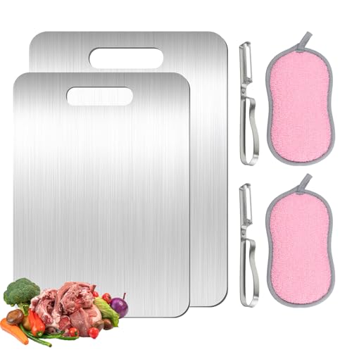 Paquete de 2 tablas de cortar de titanio, tabla de cortar de acero inoxidable para cocina, tabla de cortar de titanio con esponja de cocina y pelador giratorio, tabla de cortar 304 de doble cara para