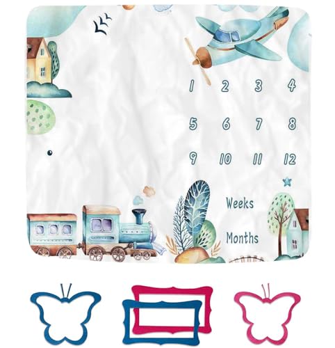 Image of Airplane and Train Monthly Milestone Blanket | 48x48in cotton Monthly Milestone Blanket, train airplane town design with butterfly frames for growth recording