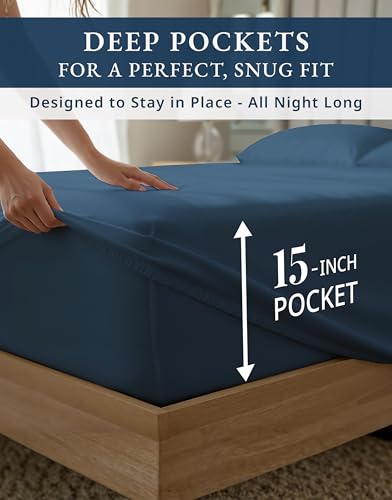 Image of LANE LINEN Full Size Sheet Sets 100% Egyptian Cotton Sateen - Estate Blue | Full Sheet Set - 4-Piece Set, 16 inch Deep-Pocket Snug Fit, 1000 Thread Count, Refreshes A Guest Room, Luxe Sheen,