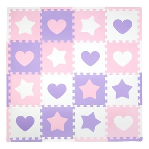 Tadpoles Hearts and Stars Foam Playmats for Kids, 16 Interlocking Foam Tiles, Waterproof, Durable, and Long-lasting | Total Floor Coverage 50” x 50” | For Ages 3 and Up | Pink, Purple, and White Cover