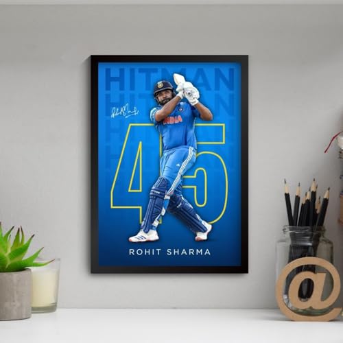 Image of Rohit Sharma Framed Poster | HITMAN 45 Wall Art | Indian Cricket Team Memorabilia | Cricket Fan Gift | Sports Room Decor | Premium Framed Cricket Poster (F 016)
