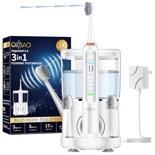 OILSAO Electric Toothbrush with Water Flosser Combo in One Professional Flossing Toothbrush for Teeth Cleaning and Flossing Plaque Removal Rechargeable 5 Brush Modes & 3 Flossing Speeds 500ML White