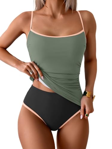 Image of Eomenie Women's Tankini Swimsuits Two Piece Tummy Control Bathing Suit Color Block Slim Swimwear with High Waisted Bottom