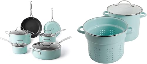 Miniatura 8 de Martha Stewart Lockton - Juego de ollas y sartenes de aluminio antiadherente de alta calidad, 10 piezas, esmalte de calibre pesado, juego de
