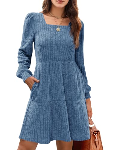 Cicy Bell Freizeitkleider für Damen Pulloverkleid Langarm A-Linie Quadratischer Ausschnitt Knielang Pullikleid Casual Babydoll Herbst Kleider,Blau,L