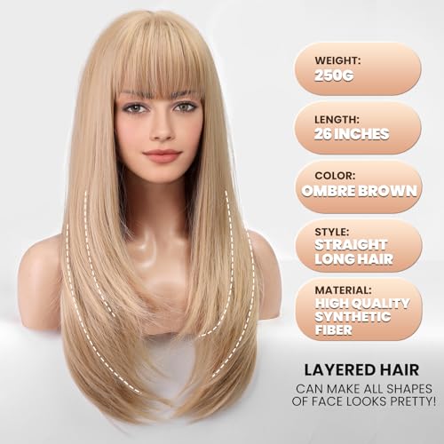 EMMOR Long Platinum Blonde Wigs for Women Straight Synthetic Layered Wig with Fringe (26" Platinum Blonde) - Image 3