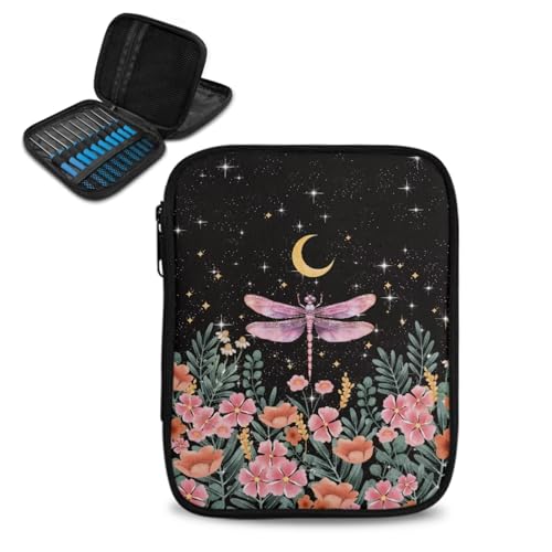Twousenru Estojo organizador de agulhas de crochê floral libélula rosa fácil de limpar, armazenamento de agulhas de tricô com bolsos de teia, capa de crochê para viagem leve