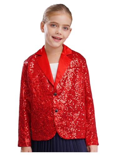Kids Girls Sequin Blazers Jacket Long Sleeve Notched Lapel Button Down Suit Coat for Dance Party Performance