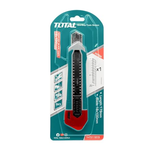 Image of TOTAL 18mm Cutter Knife with Snap-Off SK4 Blade, Heavy Duty Box Cutter, Flat Push Button Lock, 179mm Paper Cutter for Office, Carton, Packaging & DIY Use