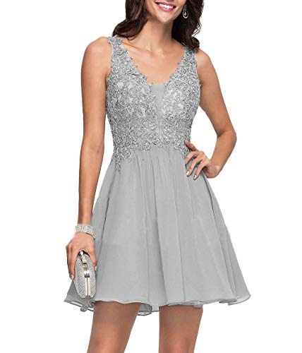 Preisvergleich Produktbild CLLA dress Damen Chiffon V-Ausschnitt Abendkleider Ballkleider Elegant Kurz Spitze Brautjungfernkleider Partykleider(Silber,52)