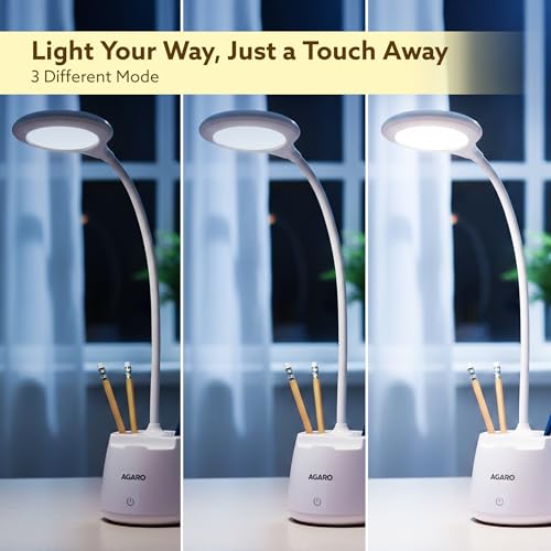 Image of AGARO Regency Study Table Lamp, 5W LED Desk Light, Rechargeable USB Type-C, Touch Control, 3 Different Bright Modes, 360 Rotating Flexible Gooseneck, Pen Holder & Mobile Stand, for Study & Bed Room