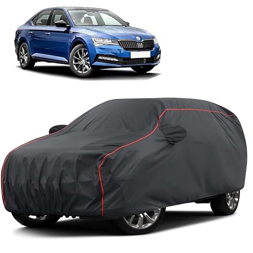 Image of Sulfar 100% Water Resistant Car Body Cover Compatible with Mirror for Skoda Superb (Triple Stitched, Full Bottom Elastic, Dark Grey Taffeta with Red Piping)