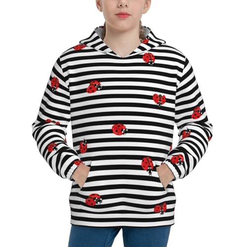 Ladybugs on Black and White Striped Kid Hoodies Boys Sweatshirts Girls Pullover with Pocket