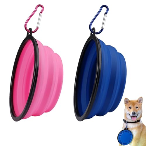 2 Pezzi Ciotola Pieghevole per Cani in silicone,17.5×2/4/6.5cm Ciotola per L'acqua Portatile con Moschettone,1000ML Ciotola da Viaggio per Cani e Gatti, Adatte per Viaggio e Uso Quotidiano(Blu + Rosa)
