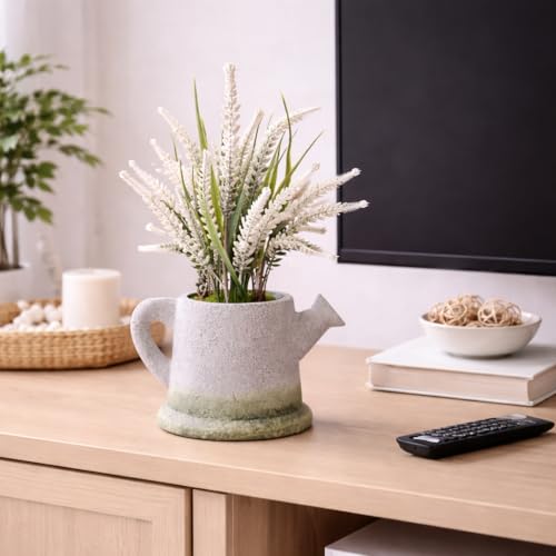Image of Garden Art Artificial Heather Flower Spray in Shaded Watering Can Planter - Rustic Faux Floral Tabletop Centerpiece for Home, Office, Shelf & Desk Decor (P-0130White)