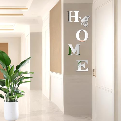 Home Letter Sign Wall Decor Living Room Large Home Acrylic Mirror Wall Decor Stickers 3D Silver Wall-Stickers Decorations Family Walls Decals Mirror Decors with a Butterfly for Living Room Bedroom