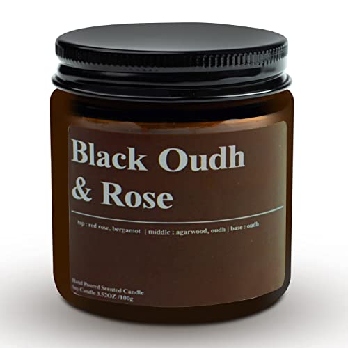 Image of AuraDecor Scented Jar Candle | Handpoured Soy Wax Candle with Long Lasting Burn Time | Premium Amber Jar Aromatherapy Candle | Ideal Gift for Home & Decor (Large, Black Oudh & Rose)