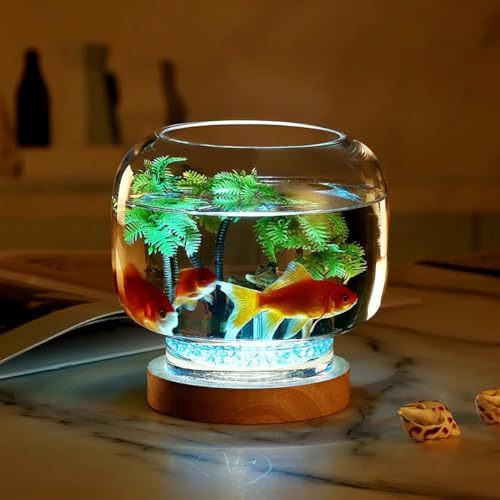 PA-DABAOO LEDライト付きベタ水槽、木目ベース、インテリア装飾付き水槽、小魚用360度ビュー、丸型ガラス製金魚鉢、部屋のデスクトップ装飾,B